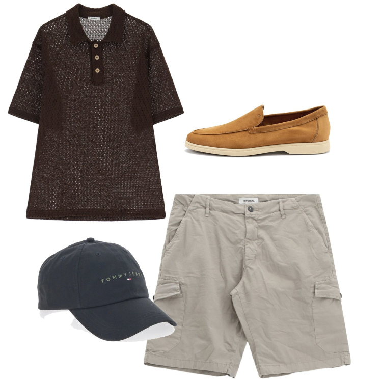 Outfit uomo - In città. Stile Casual per Tutti i giorni. Abbinamento con bermuda, polo, cappelli, scarpe stringate.