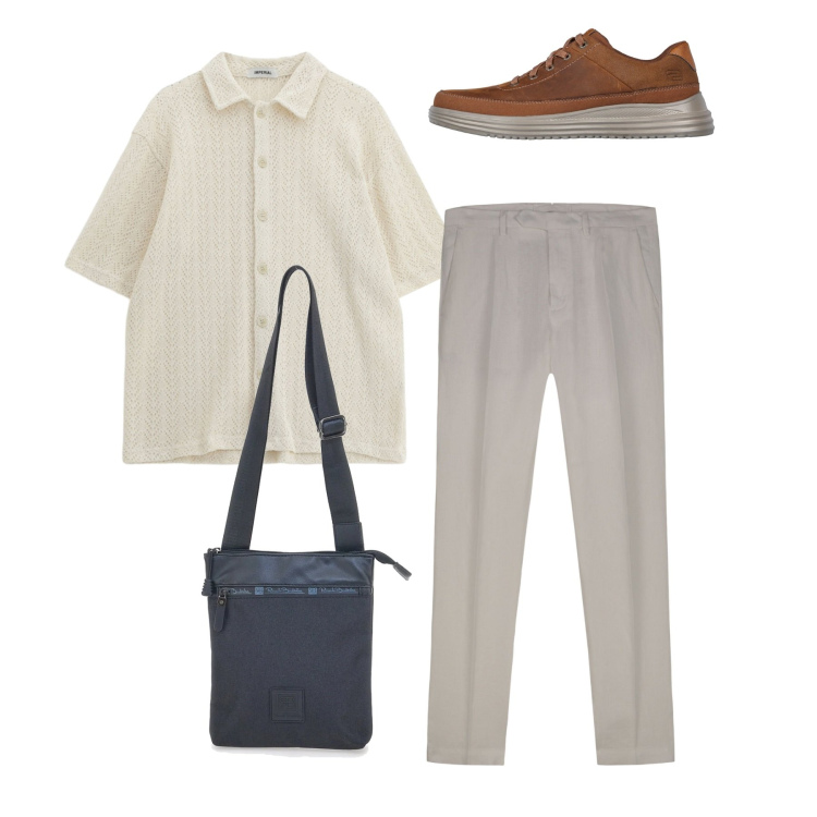 Outfit uomo - Pomeriggio. Stile Casual per Tutti i giorni. Abbinamento con maglieria, portafogli, scarpe stringate, pantaloni.