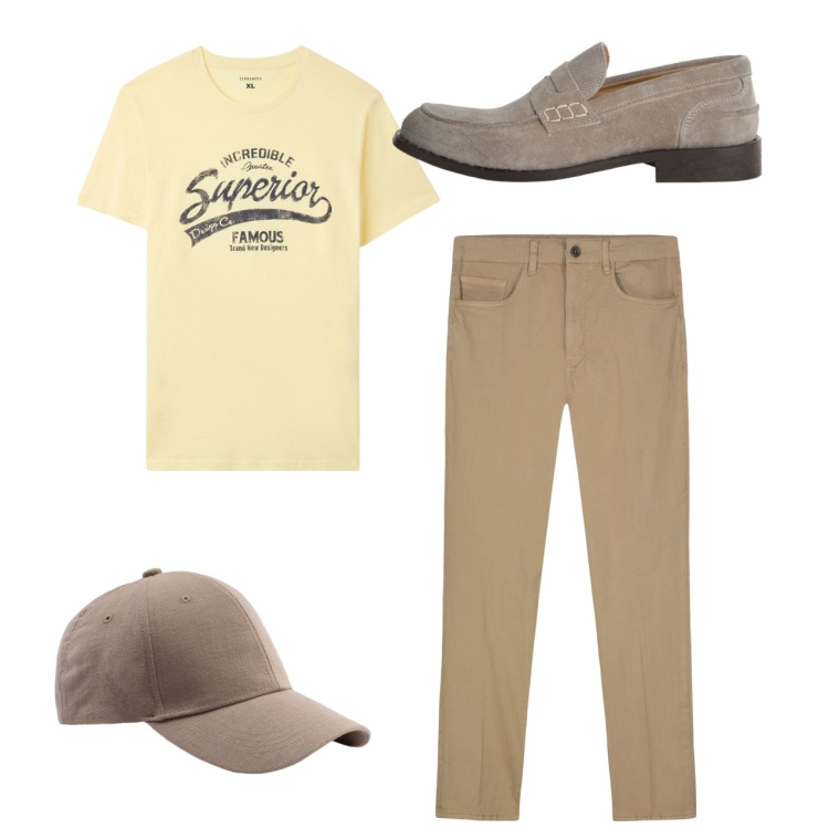 Outfit uomo - Pomeriggio. Stile Casual per Tutti i giorni. Abbinamento con t-shirt, scarpe stringate, pantaloni, cappelli con visiera.