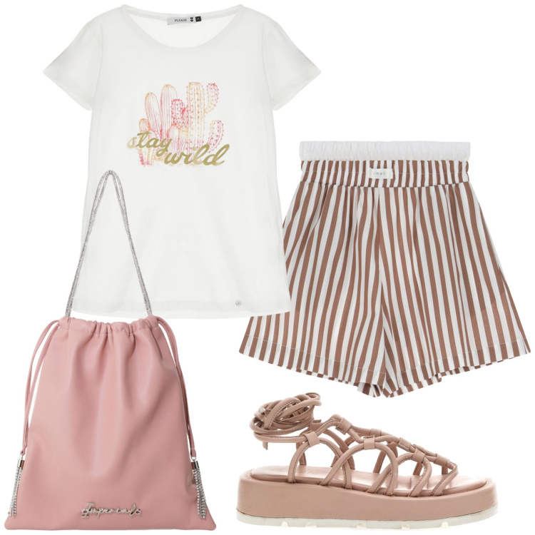 Outfit donna - T-shirt e shorts. Stile Casual per Tutti i giorni. Abbinamento con t-shirt, pantaloni corti, borse a secchiello, sandali alla schiava.