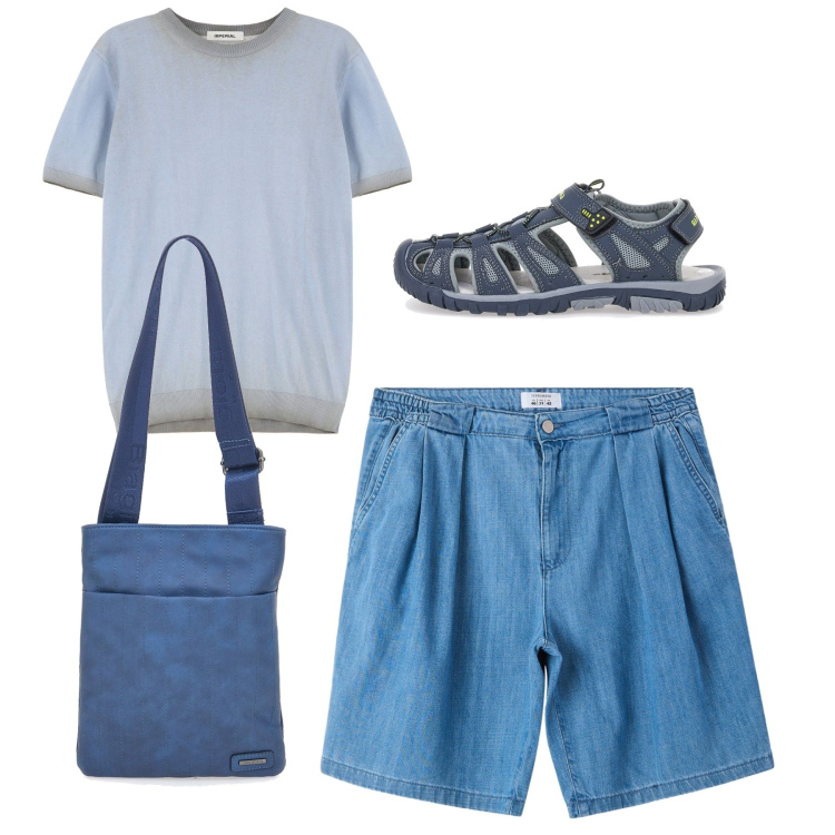 Outfit uomo - Pomeriggio tutto azzurro. Stile Casual per Tutti i giorni. Abbinamento con shorts, maglieria, portafogli, sandali.