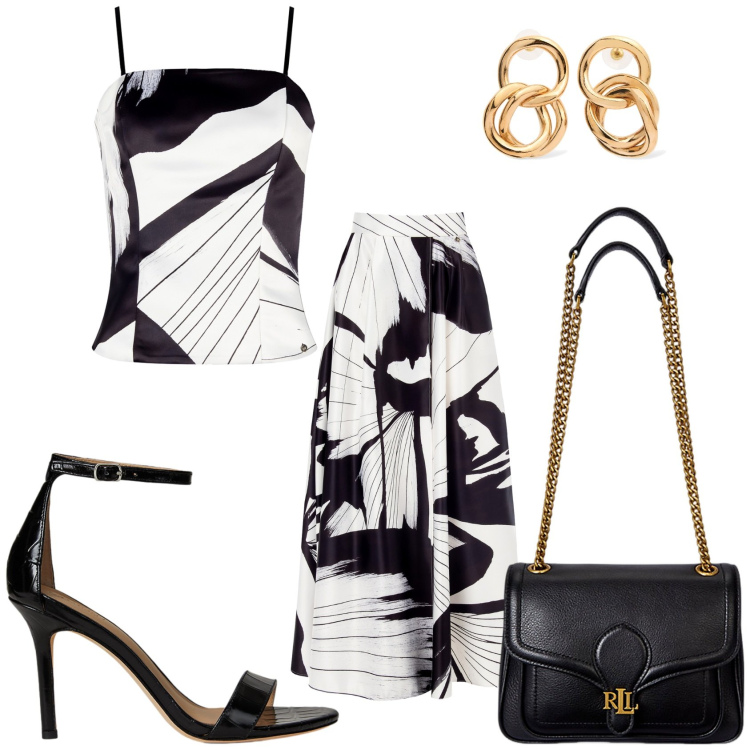 Outfit donna - Elegante come mi piace. Stile Glamour per Tutti i giorni. Abbinamento con gonne lunghe, canottiere, borse a spalla, sandali in pelle, orecchini.