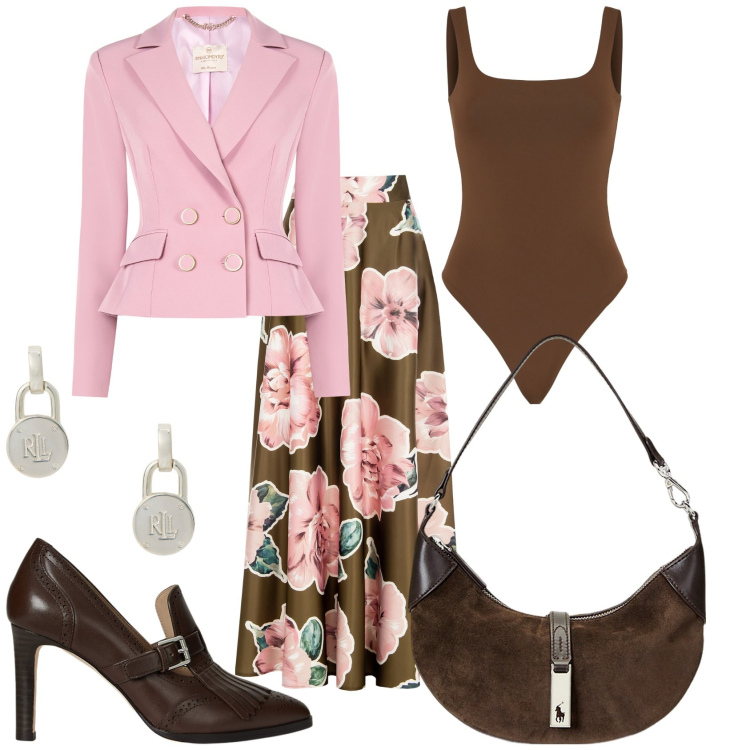 Outfit donna - Appuntamento di lavoro. Stile Trendy per Ufficio. Abbinamento con blazer, gonne, orecchini, borse a spalla, décolleté, body.
