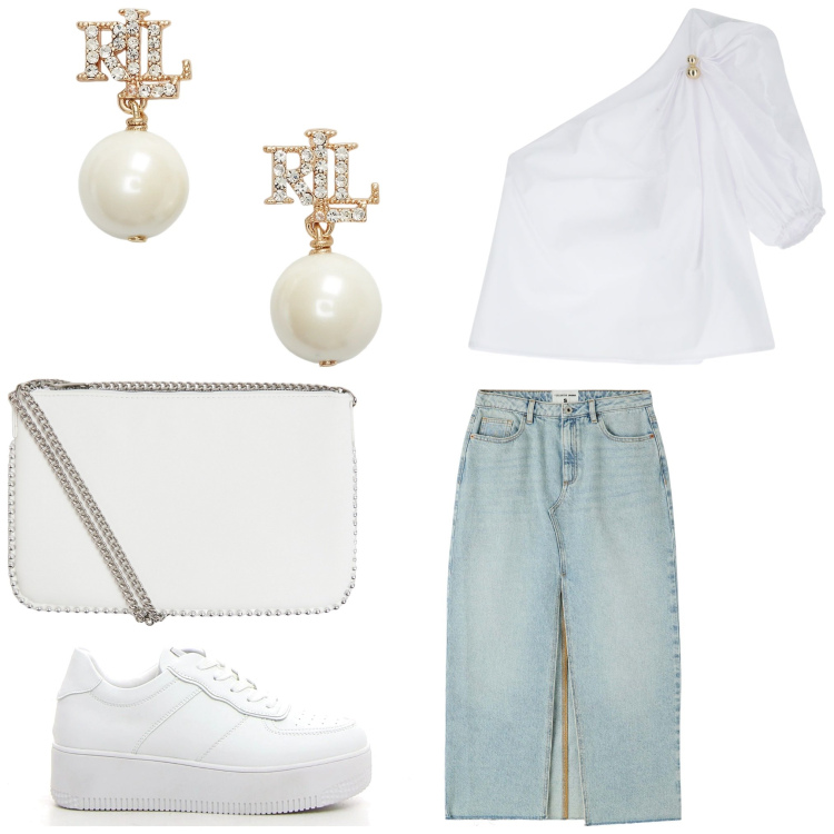 Outfit donna - Denim e bianco. Stile Sporty chic per Tutti i giorni. Abbinamento con gonne longuette, borse a tracolla, bluse, orecchini, sneakers.