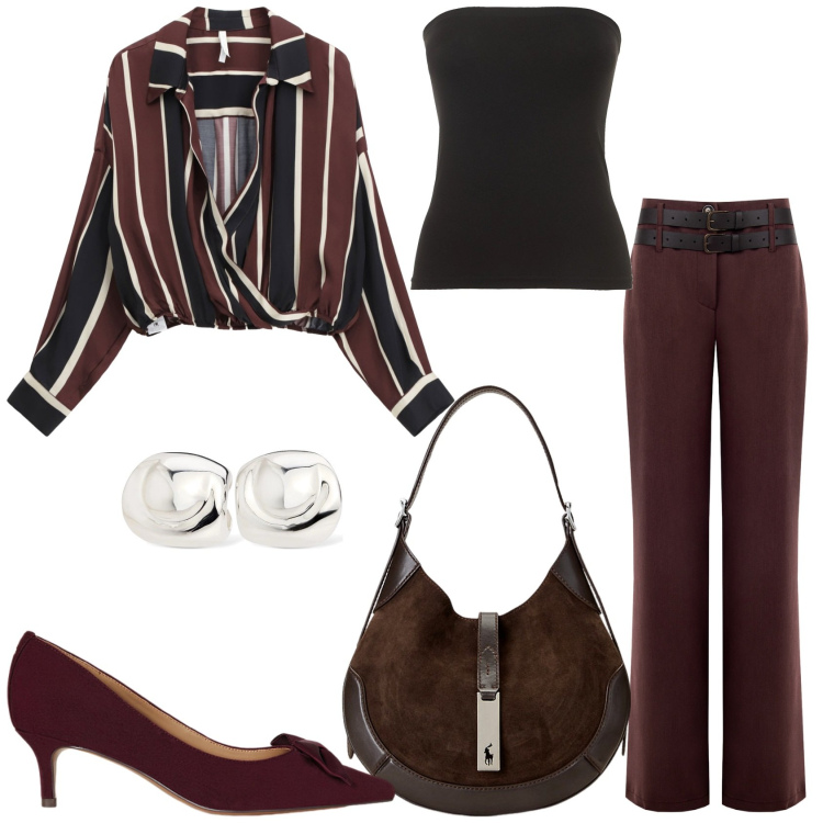 Outfit donna - Appuntamento. Stile Trendy per Tutti i giorni. Abbinamento con pantaloni, camicie, borse a spalla, décolleté, top, orecchini.