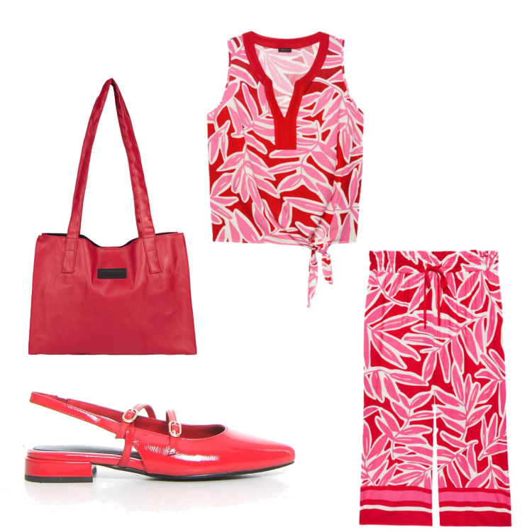 Outfit donna - Rosso estate. Stile Casual chic per Tutti i giorni. Abbinamento con shopping bag, top, pantaloni a palazzo, sandali in pelle.