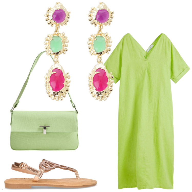 Outfit donna - Gioia e colori. Stile Casual chic per Serata fuori. Abbinamento con caftani, borse a spalla, orecchini, sandali in pelle.