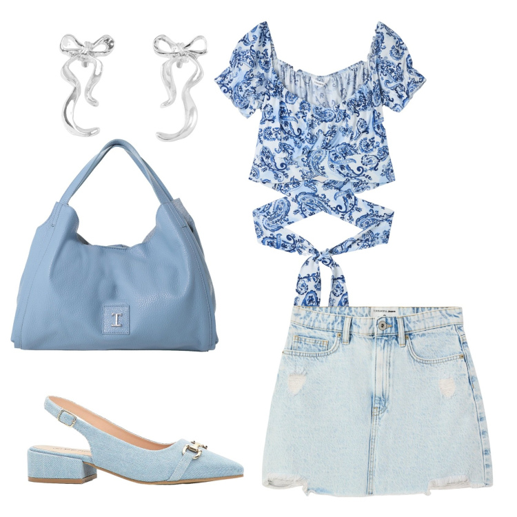 Outfit donna - Total look #2223183. Stile Casual chic per Tutti i giorni. Abbinamento con décolleté, bluse, orecchini, minigonne, pochette.