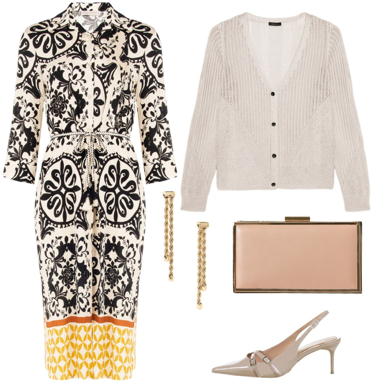 Outfit donna - Terrazza sul mare. Stile Chic per Serata fuori. Abbinamento con pochette, décolleté, vestiti chemisier, orecchini, cardigans.