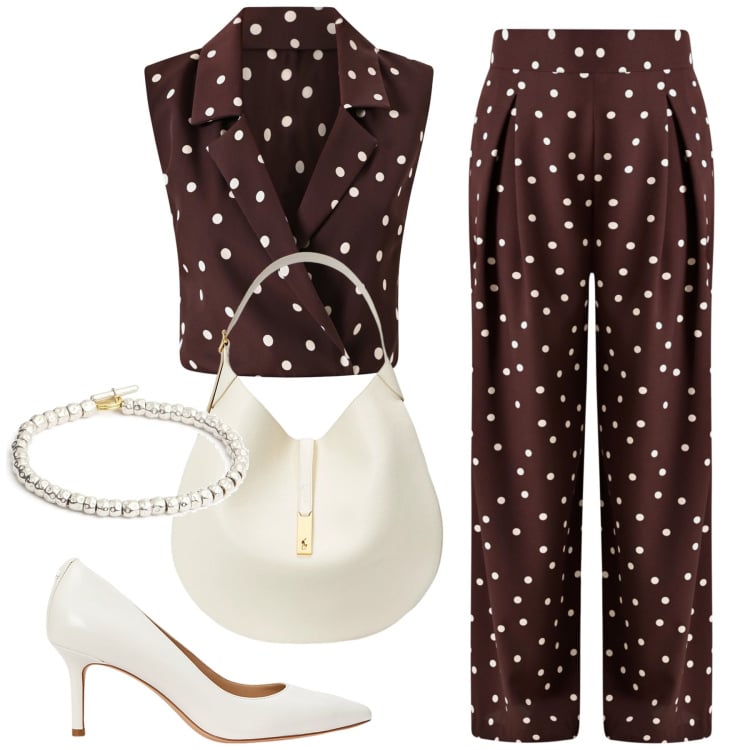 Outfit donna - Bella in pois. Stile Glamour per Ufficio. Abbinamento con pantaloni a palazzo, top, décolleté, borse a spalla, braccialetti.