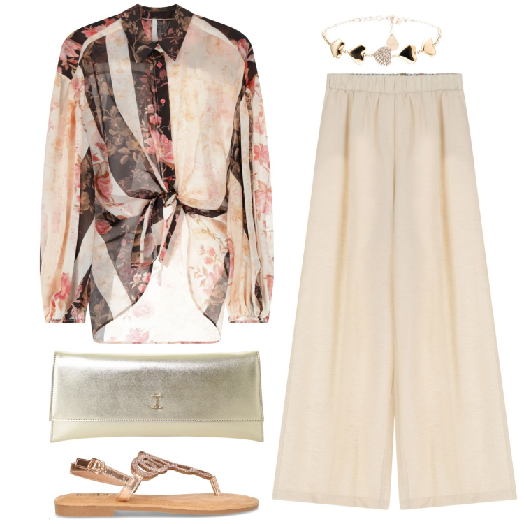 Outfit donna - Elegante in riva al mare. Stile Casual chic per Serata fuori. Abbinamento con camicie, pantaloni, pochette, braccialetti, sandali in pelle.