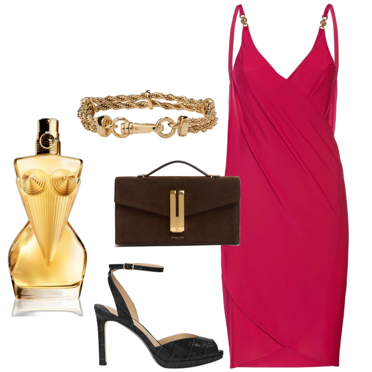 Outfit donna - Rosso x la cerimonia. Stile Glamour per Cerimonia. Abbinamento con profumi, braccialetti, sandali in pelle, vestiti, pochette.