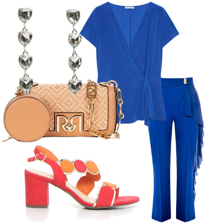 Outfit donna - Party night. Stile Chic per Serata fuori. Abbinamento con orecchini, pantaloni, borse a tracolla, bluse, sandali col tacco.