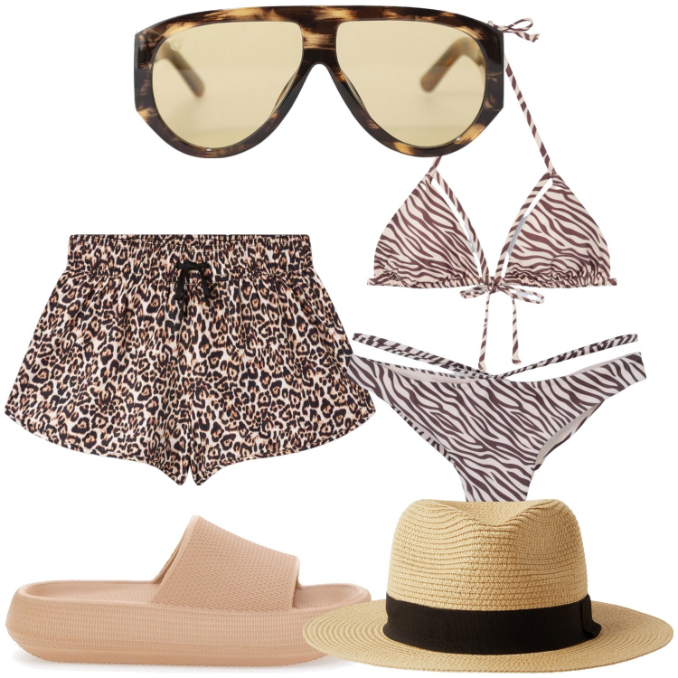Outfit donna - La giungla in barca. Stile Trendy per Mare. Abbinamento con shorts, bikini, cappelli, bikini, occhiali da sole, ciabatte.