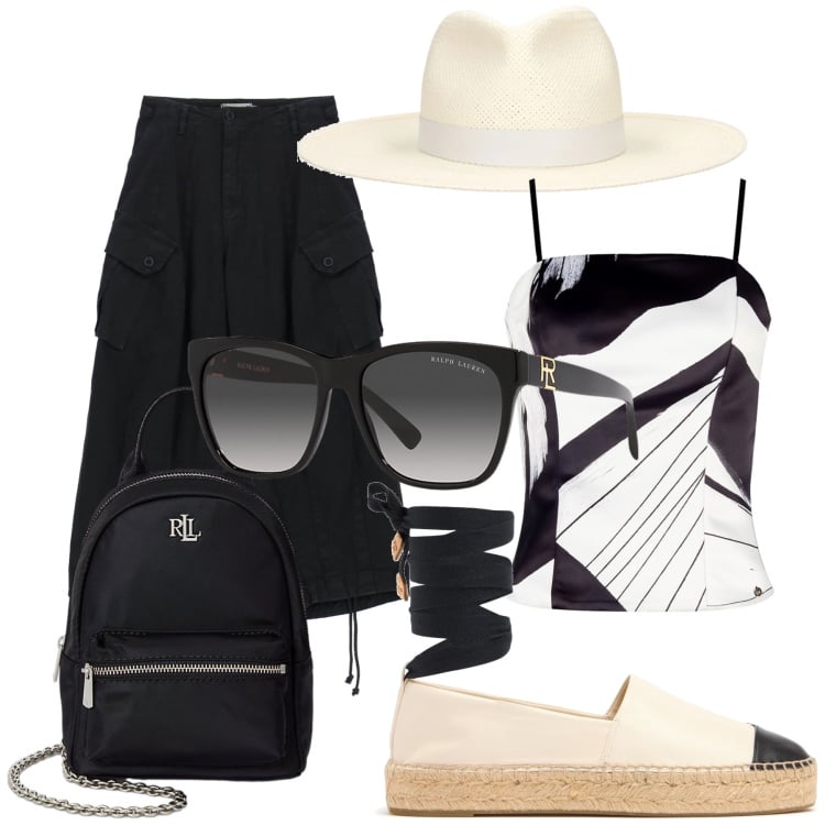 Outfit donna - In gondola. Stile Glamour per Tutti i giorni. Abbinamento con canottiere, pantaloni, occhiali da sole, zaini, espadrillas, cappelli.