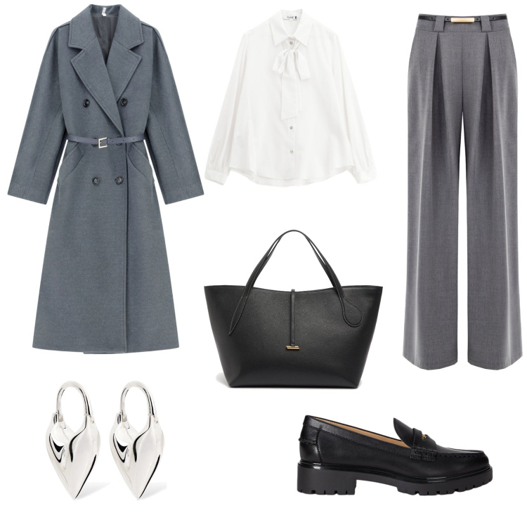 Outfit donna - Ufficio. Stile Urban per Ufficio. look ideale per Tall. Abbinamento con pantaloni a palazzo, camicie, cappotti, mocassini, shopping bag, orecchini.