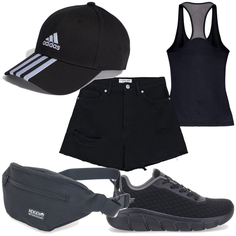 Outfit donna - Corsetta del mattino. Stile Basic per Sport. Abbinamento con shorts, sneakers, cappelli con visiera, canottiere, marsupi.