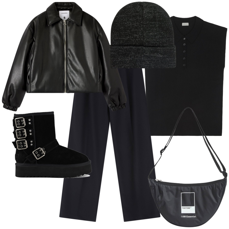 Outfit donna - Qualche fiocco di neve. Stile Casual per Tutti i giorni. Abbinamento con bomber, marsupi, berretti, pantaloni a palazzo, polo, stivaletti.