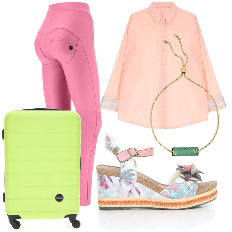 Outfit donna - Verso l arcobaleno. Stile Trendy per Tutti i giorni. Abbinamento con camicie, pantaloni, braccialetti, valigie, sandali.