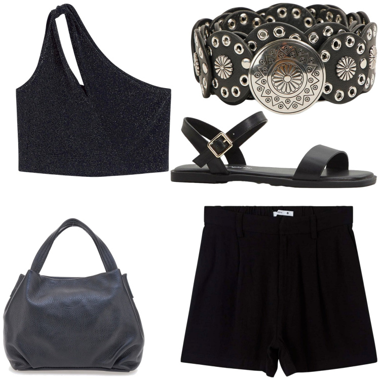 Outfit donna - Ferragosto in città. Stile Boho per Tutti i giorni. Abbinamento con top, sandali, cinture, bermuda, borse a spalla.