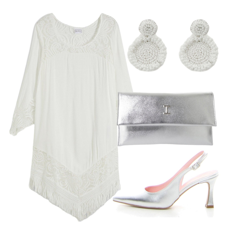 Outfit donna - Caftano bianco!. Stile Chic per Serata fuori. Abbinamento con vestiti da spiaggia, pochette, orecchini, décolleté.