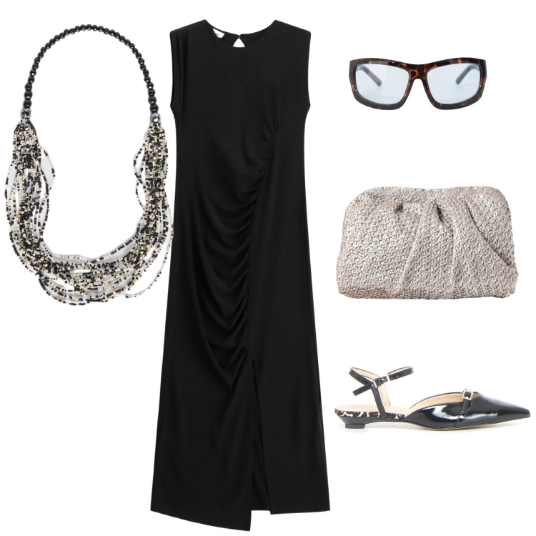 Outfit donna - Appuntamento con aperitivo. Stile Chic per Serata fuori. Abbinamento con clutch, occhiali da sole, vestiti midi/longuette, collane, sandali in pelle.