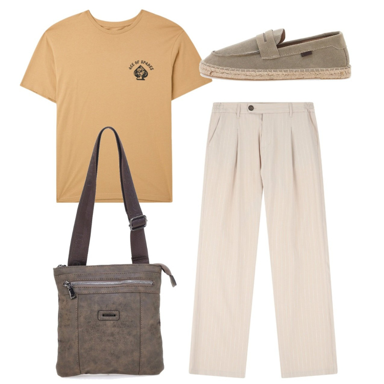 Outfit uomo - City. Stile Casual per Tutti i giorni. Abbinamento con t-shirt, pantaloni, portafogli, espadrillas.
