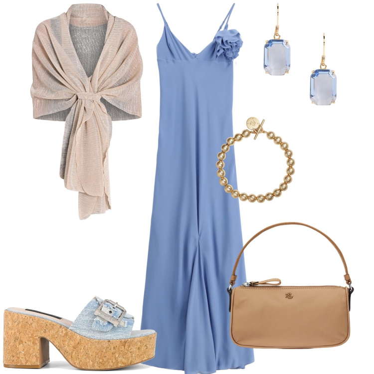 Outfit donna - Azzurro e sabbia i colori del mare. Stile Romantica per Mare. Abbinamento con stole, vestiti lunghi, braccialetti, pochette, orecchini, sandali.
