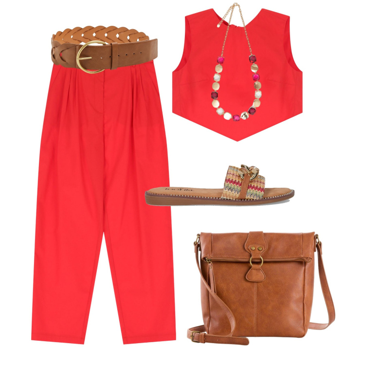 Outfit donna - Il completo rosso !. Stile Trendy per Tutti i giorni. Abbinamento con borse a tracolla, cinture, top, pantaloni, collane, ciabatte.