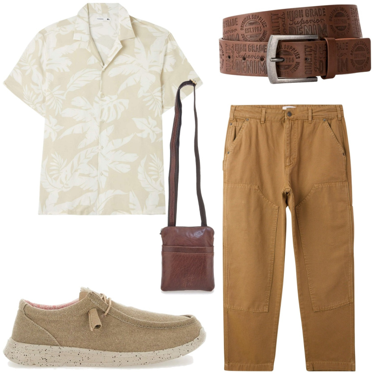 Outfit uomo - Eleganza discreta in coloniale. Stile Trendy per Tutti i giorni. Abbinamento con cinture, camicie a manica corta, pantaloni, scarpe stringate, borse sportive.