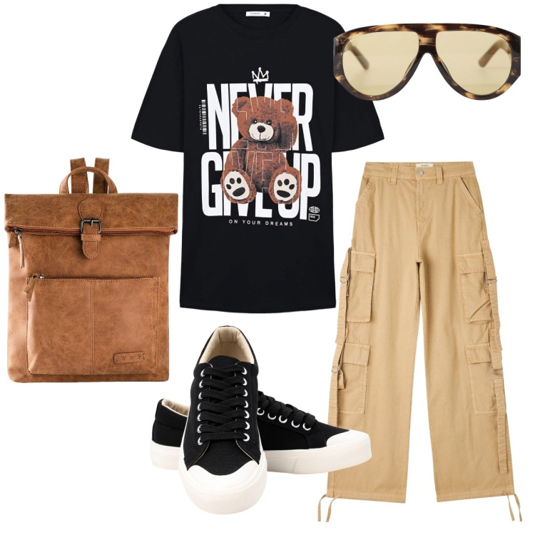 Outfit donna - L’orsacchiotto sulla t-shirt. Stile Casual per Tutti i giorni. Abbinamento con zaini, pantaloni cargo, t-shirt, occhiali da sole, sneakers.