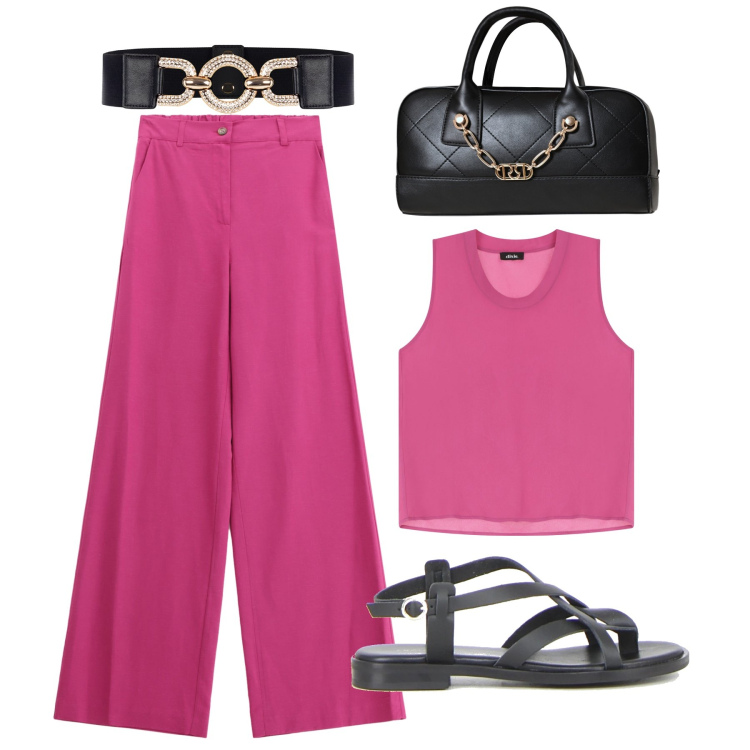 Outfit donna - Completo lampone a cena. Stile Casual chic per Serata fuori. Abbinamento con borse a mano, cinture, pantaloni, top, sandali.