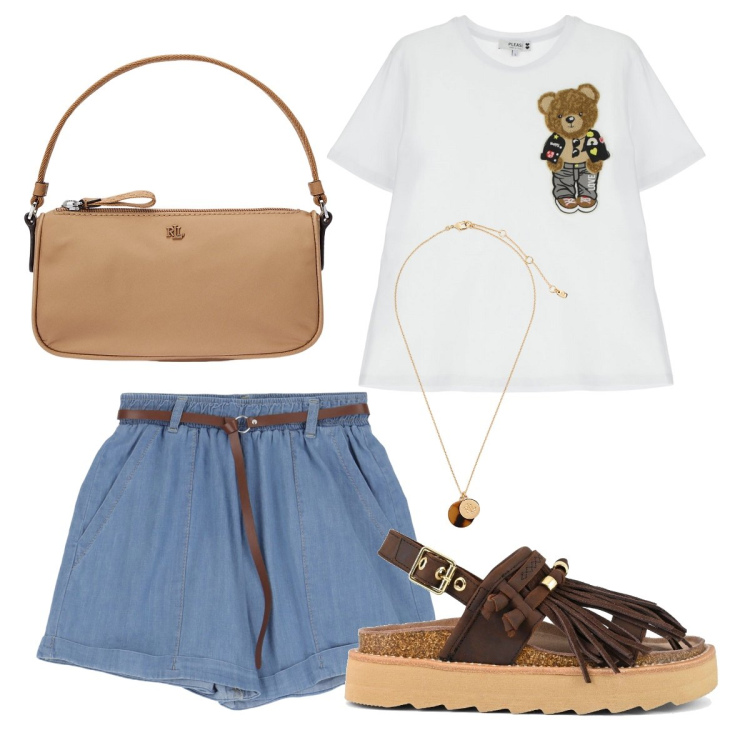 Outfit donna - La t-shirt carina. Stile Casual per Tutti i giorni. Abbinamento con shorts, t-shirt, collane, pochette, sandali.