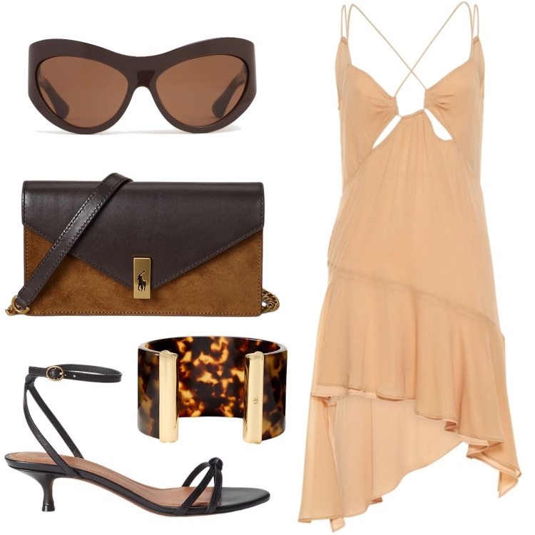 Outfit donna - Cena fuori al tramonto. Stile Chic per Serata fuori. Abbinamento con sandali in pelle, clutch, braccialetti, vestiti, occhiali da sole.