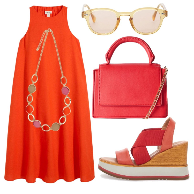 Outfit donna - Cena elegante al tramonto. Stile Chic per Serata fuori. Abbinamento con vestiti midi/longuette, borse a tracolla, occhiali da sole, collane, sandali.