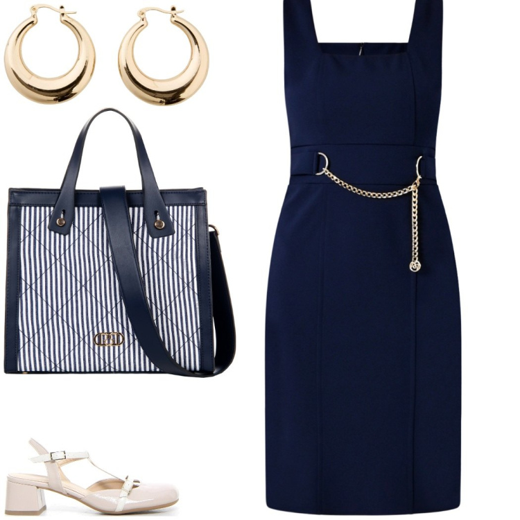 Outfit donna - Bon ton in ufficio ad agosto. Stile Bon Ton per Ufficio. Abbinamento con orecchini, vestiti a tubino, shopping bag, sandali col tacco.