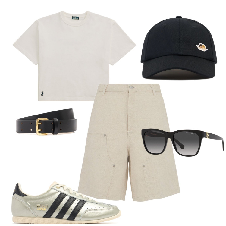 Outfit donna - T-shirt e sneakers oro. Stile Urban per Tutti i giorni. Abbinamento con t-shirt, occhiali da sole, sneakers, cappelli con visiera, cinture, shorts.
