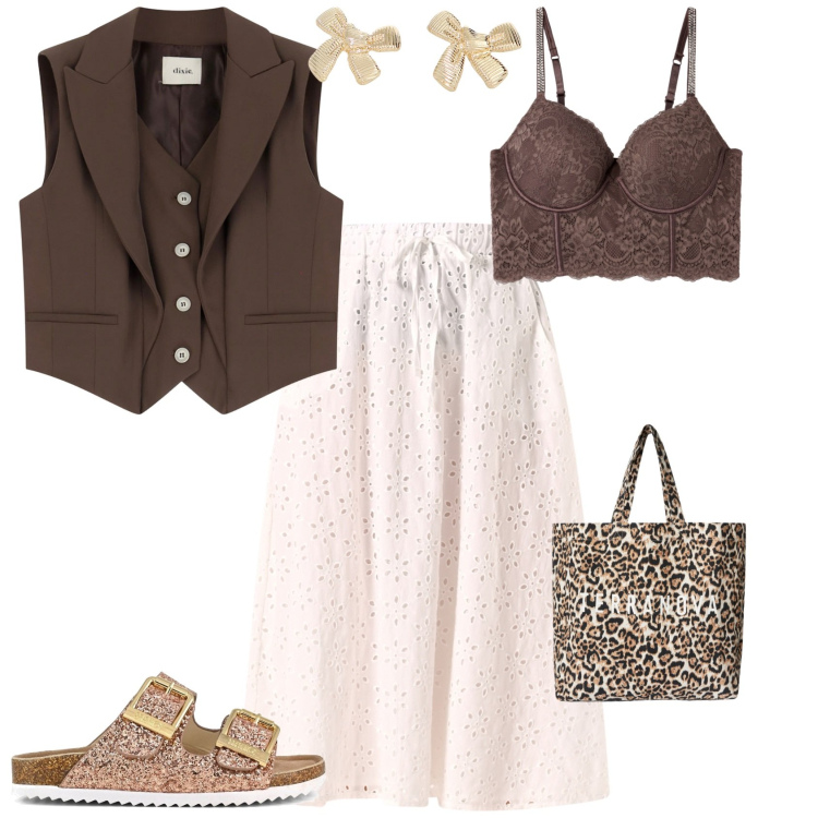 Outfit donna - Total look #2223254. Stile Casual chic per Tutti i giorni. Abbinamento con borse tote, bralette, gonne longuette, gilet, orecchini, sandali.