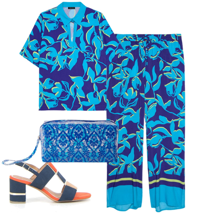 Outfit donna - Set due pezzi in coordinato. Stile Chic per Tutti i giorni. Abbinamento con pochette, pantaloni a palazzo, bluse, sandali in pelle.