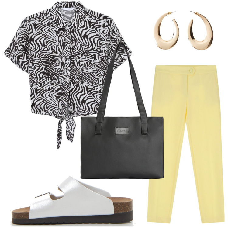 Outfit donna - I pantaloni affusolati. Stile Casual chic per Tutti i giorni. Abbinamento con orecchini, camicie a manica corta, pantaloni, shopping bag, ciabatte.