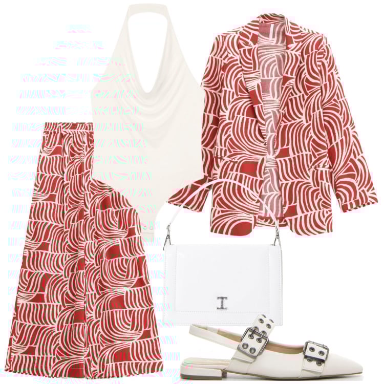 Outfit donna - Gusto sofisticato. Stile Trendy per Ufficio. Abbinamento con body, blazer, pantaloni, borse a tracolla, décolleté.