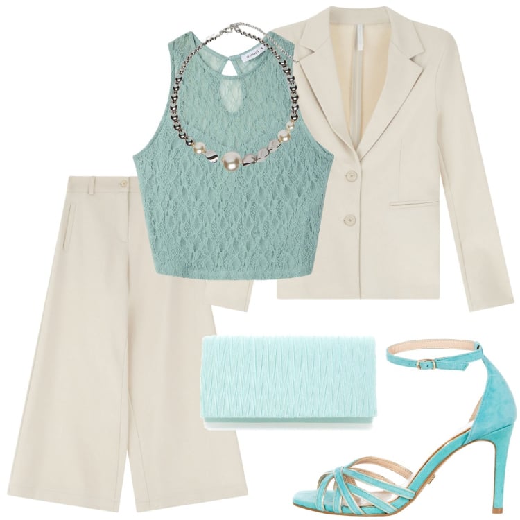 Outfit donna - Blazer minimalista. Stile Chic per Serata fuori. Abbinamento con top, sandali col tacco, pantaloni a palazzo, blazer, collane, pochette.