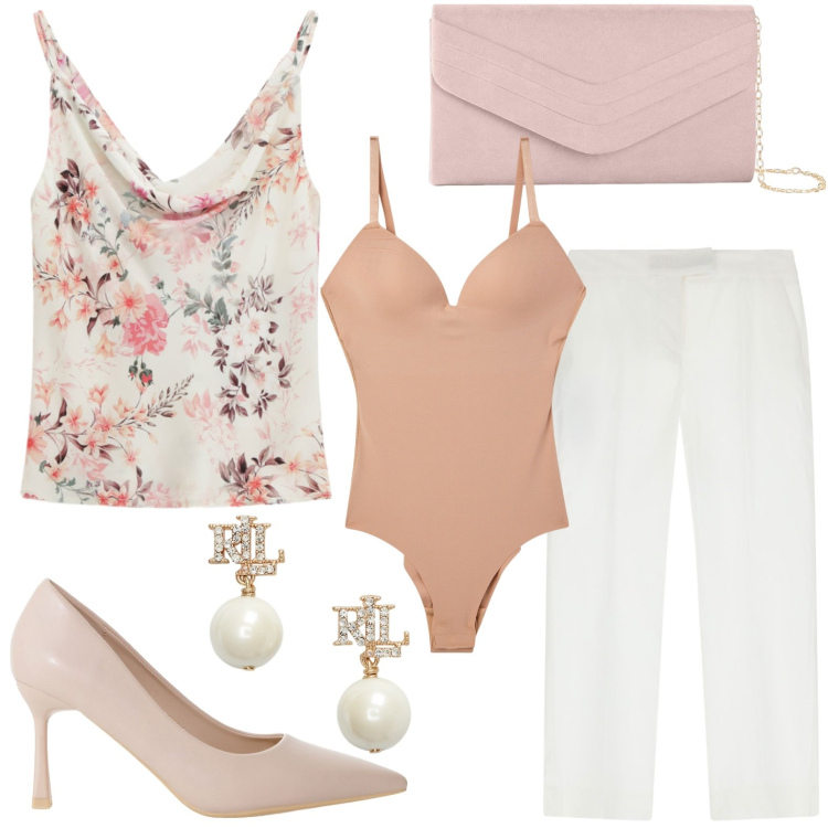 Outfit donna - Stampe floreali. Stile Glamour per Serata fuori. Abbinamento con pochette, body, décolleté, canottiere, pantaloni, orecchini.