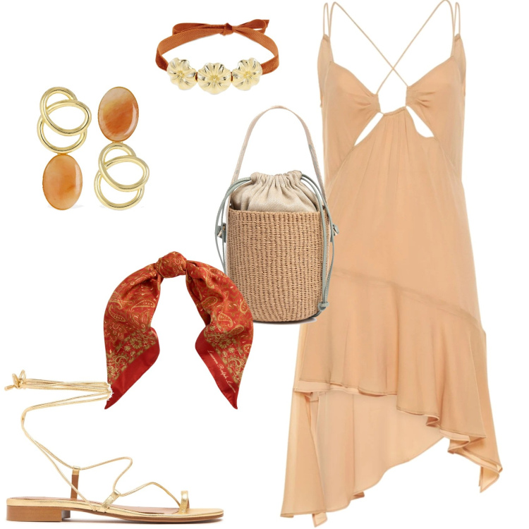 Outfit donna - Total look #2223271. Stile Glamour per Serata fuori. Abbinamento con foulard, orecchini, collane, vestiti, borse a secchiello, sandali in pelle.