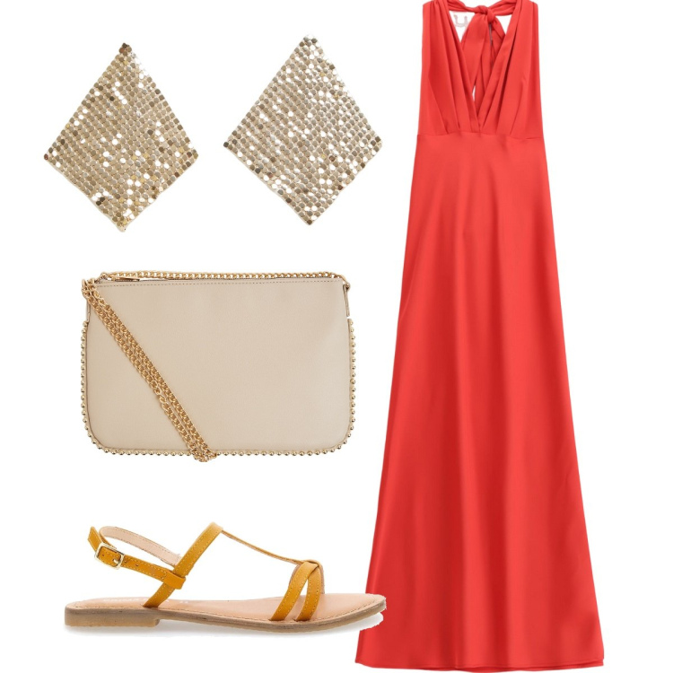 Outfit donna - Cena al tramonto. Stile Glamour per Serata fuori. Abbinamento con borse a tracolla, orecchini, vestiti lunghi, sandali in pelle.