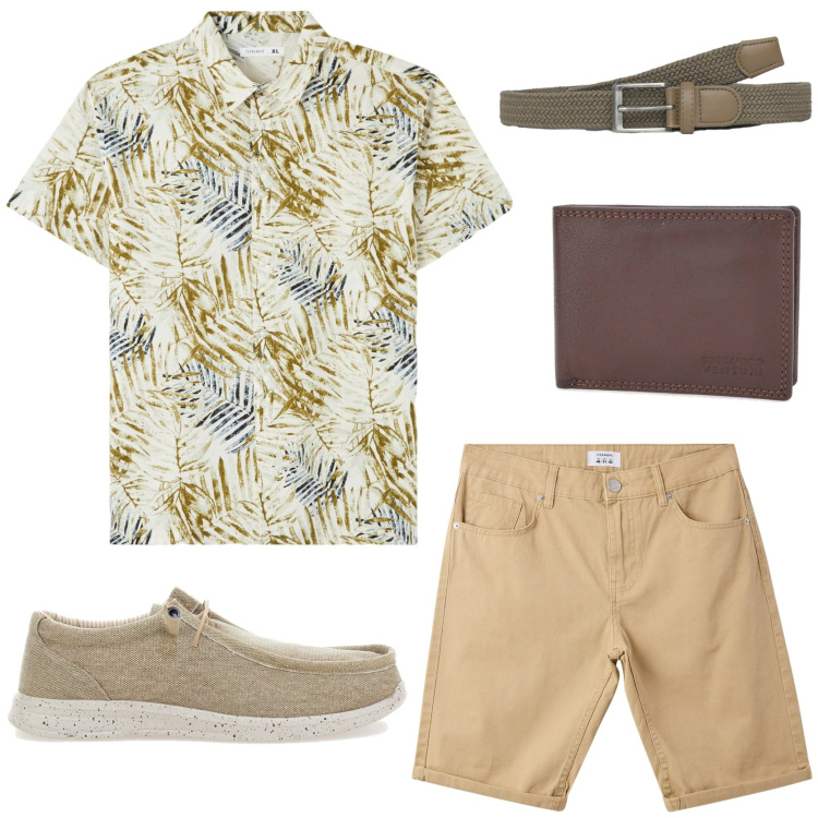 Outfit uomo - Camicia fresca e colorata. Stile Casual per Tutti i giorni. Abbinamento con camicie a manica corta, bermuda, cinture, portafogli, scarpe stringate.