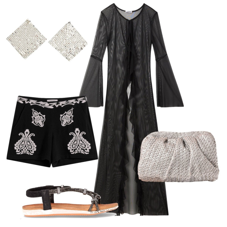 Outfit donna - Focus donna curvy. Stile Etnico per Serata fuori. Abbinamento con shorts, caftani, orecchini, clutch, sandali in pelle.