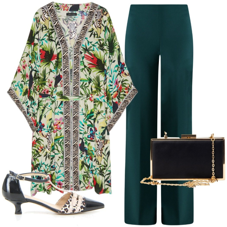 Outfit donna - Sera d\'agosto. Stile Etnico per Serata fuori. Abbinamento con pantaloni a palazzo, pochette, caftani, sandali col tacco.