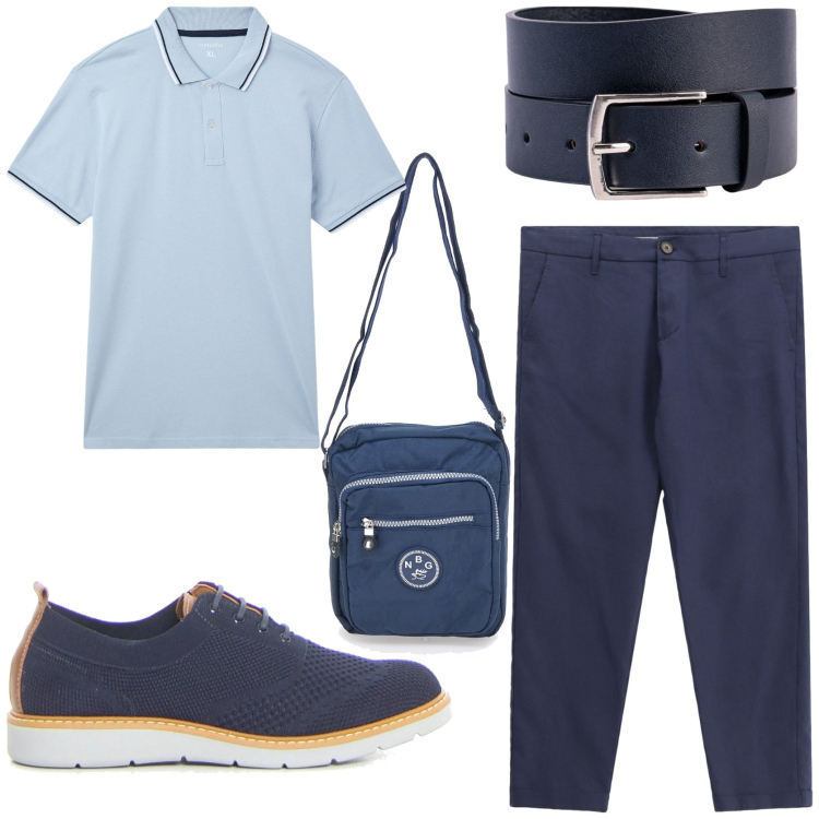 Outfit uomo - In ufficio. Stile Business/Elegante per Ufficio. Abbinamento con polo, pantaloni, cinture, borse sportive, scarpe stringate.