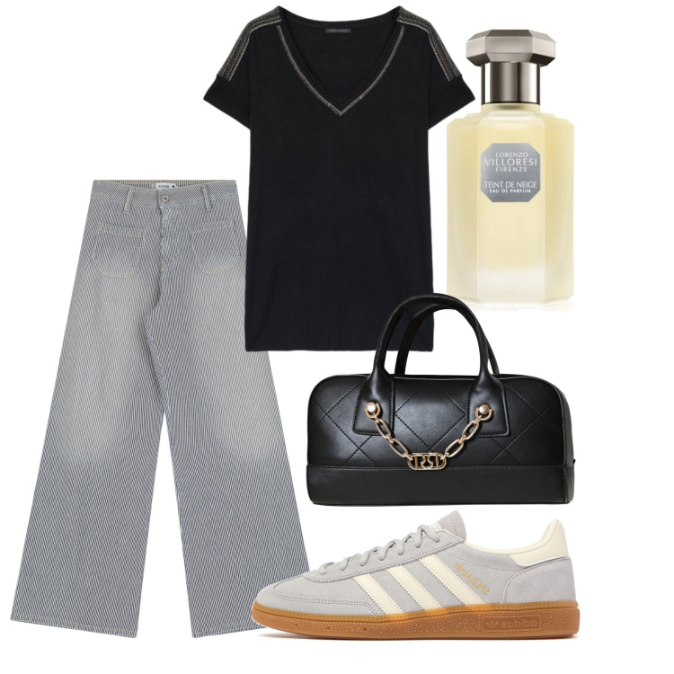 Outfit donna - In città. Stile Basic per Tutti i giorni. Abbinamento con profumi, borse a mano, jeans a zampa, t-shirt, sneakers.